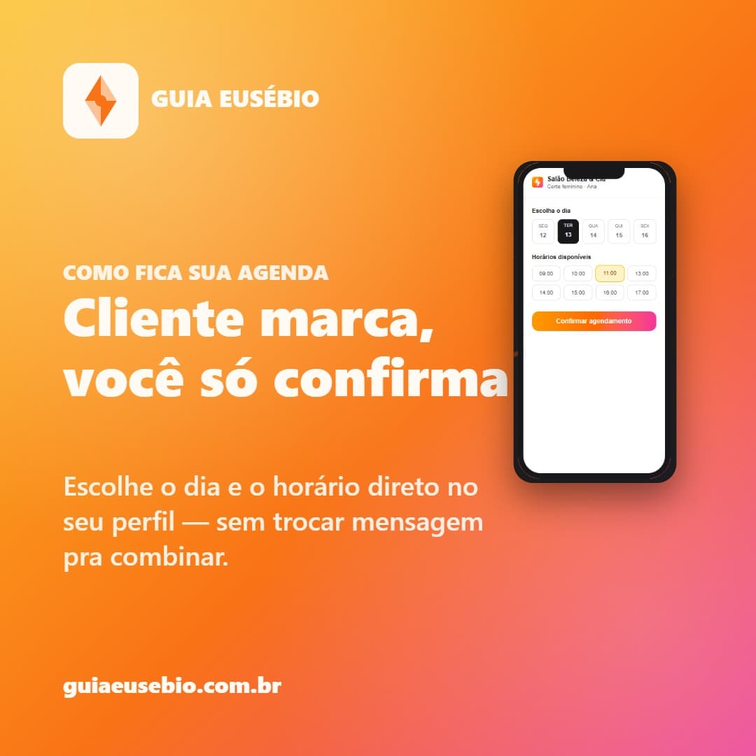 Sua agenda pode ficar assim no Guia Eusébio. 🗓️

O cliente escolhe o dia e o horário direto no seu perfil, sem trocar mensagem pra combinar — e você só recebe avisado no painel.

✅ Teste grátis por 30 dias
✅ Depois, parte do plano Básico
✅ Vários profissionais, cada um com a própria agenda

Cadastre seu negócio — Clique em Saiba mais.

#GuiaEusebio #Eusebio #EusebioCE #CearáLocal #ComércioLocal #EmpreendedorismoLocal #NegócioLocal #DivulgaçãoGrátis #CearáEmpreende