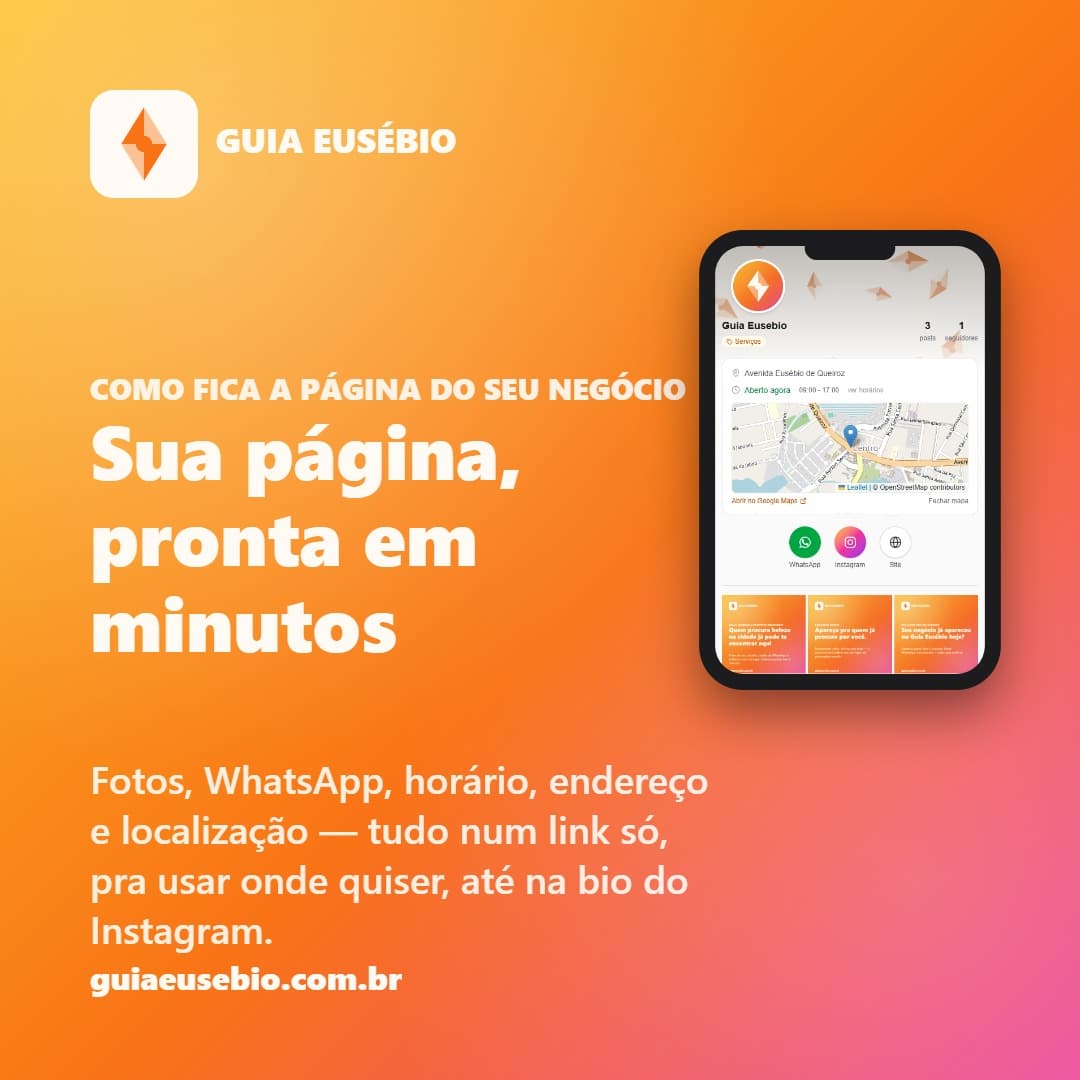 Seu negócio ganha uma página assim no Guia Eusébio . 📄
Fotos do seu trabalho, botão de WhatsApp, horário de funcionamento, endereço com mapa e seus links (Instagram, site), tudo reunido num só lugar.
Um link só, fácil de compartilhar em qualquer lugar — inclusive na bio do Instagram.
✅ Cadastro grátis
✅ Leva 2 minutos
✅ Sempre atualizado por você
Cadastre seu negócio — Clique em Saiba mais.
#GuiaEusebio #Eusebio #EusebioCE #CearáLocal #ComércioLocal #EmpreendedorismoLocal #NegócioLocal #DivulgaçãoGrátis #CearáEmpreende