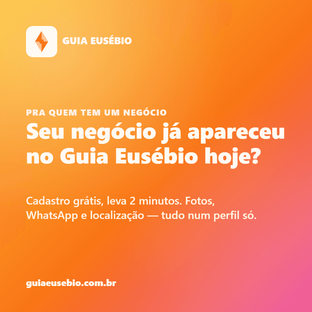 Se você tem um comércio em Eusébio, isso é pra você 👇
O Guia Eusébio é o novo espaço pra restaurante, salão, oficina, pet shop — qualquer negócio local — aparecer pra quem já busca por aqui.
✅ Cadastro grátis
✅ Leva 2 minutos
✅ Perfil com fotos, WhatsApp e localização